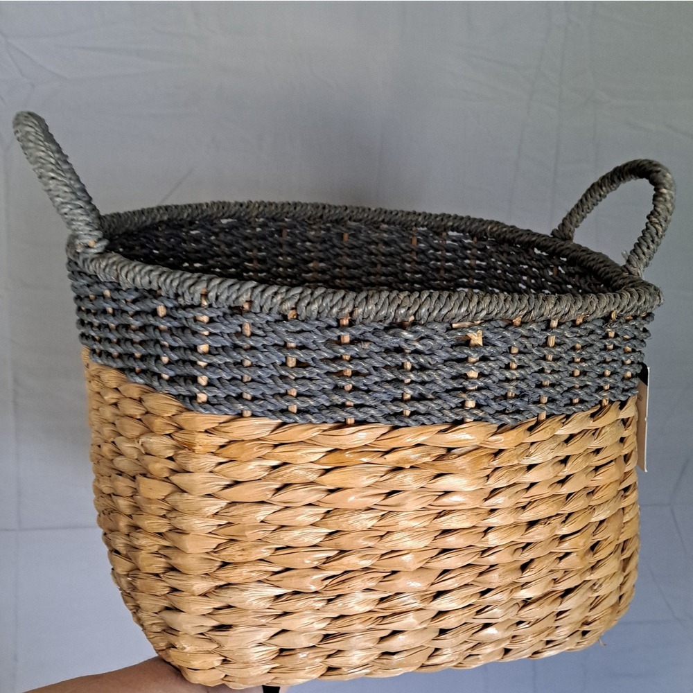 Woven Seagrass Storage Basket XL Natural Gray Two Tone Handles Boho NWT Home